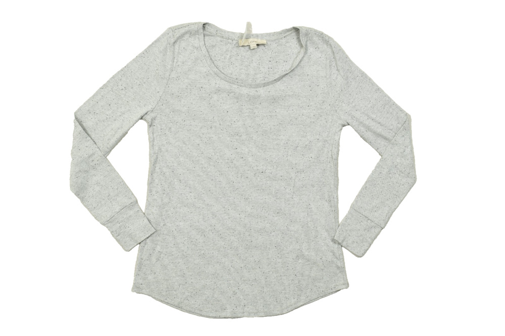 LOFT Women's Size L Gray White Striped Speckled Knit Long Sleeve Scoop Neck Top